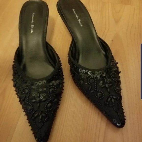 Black Beaded Mule Vintage Slip On Heel - Picture 2 of 3
